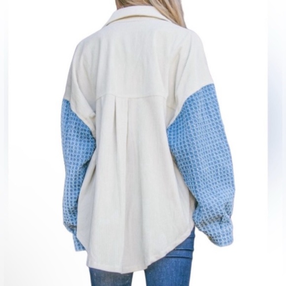 NWT Andthewhy denim Blue/Cream cordoroy colorblock Button-Down Shirt - Picture 3 of 10